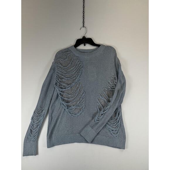Zara Sweater Womens Medium Blue Distressed Shredded Metallic Knit Pullover Top - Picture 1 of 6